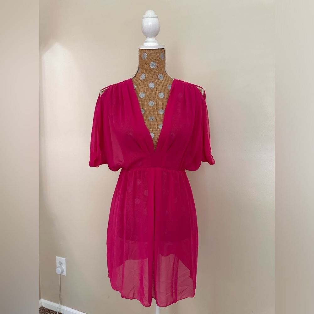 Bisou Bisou Sheer Deep V Neck Draped Sleeves Tunic